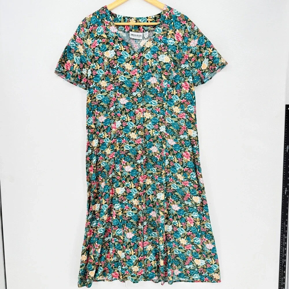 Caroline Wells II Floral Button Front Dress Womens 16 Teal Pink Cottagecore Vtg